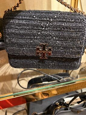 Tory Burch Black Woven Raffia Crossbody with Gold Logo